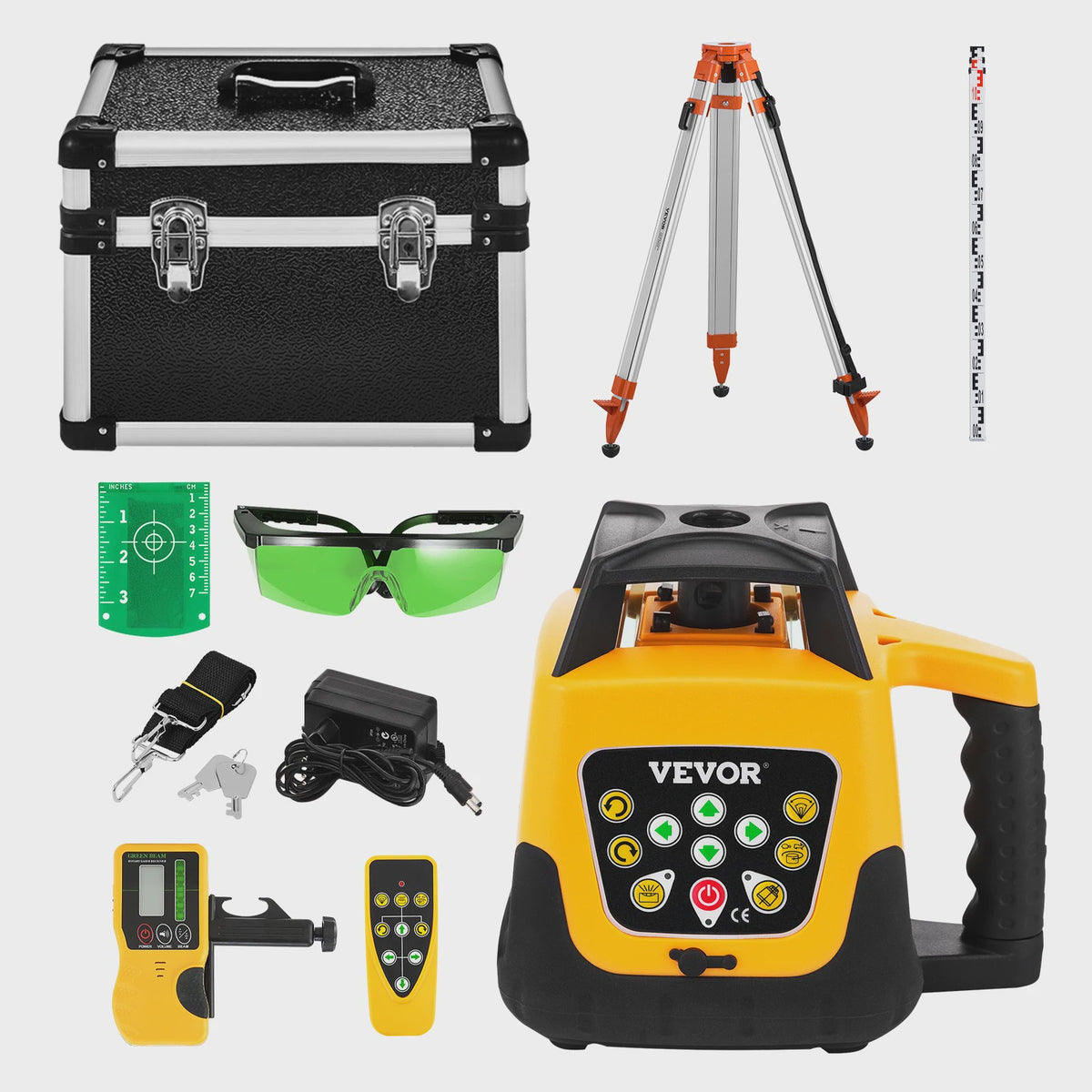 Professionele Roterende Laser Waterpas Set met Statief & Meetlat - Rode/Groene Straal, 300m Bereik, Hellingsfunctie