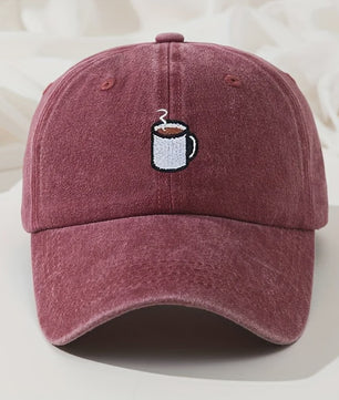Retro Gewassen Baseball Cap met Koffiekopje Borduurwerk - Verstelbaar & Casual
