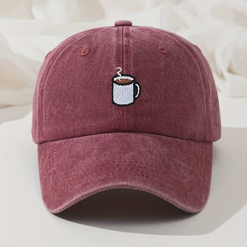 Retro Gewassen Baseball Cap met Koffiekopje Borduurwerk - Verstelbaar & Casual