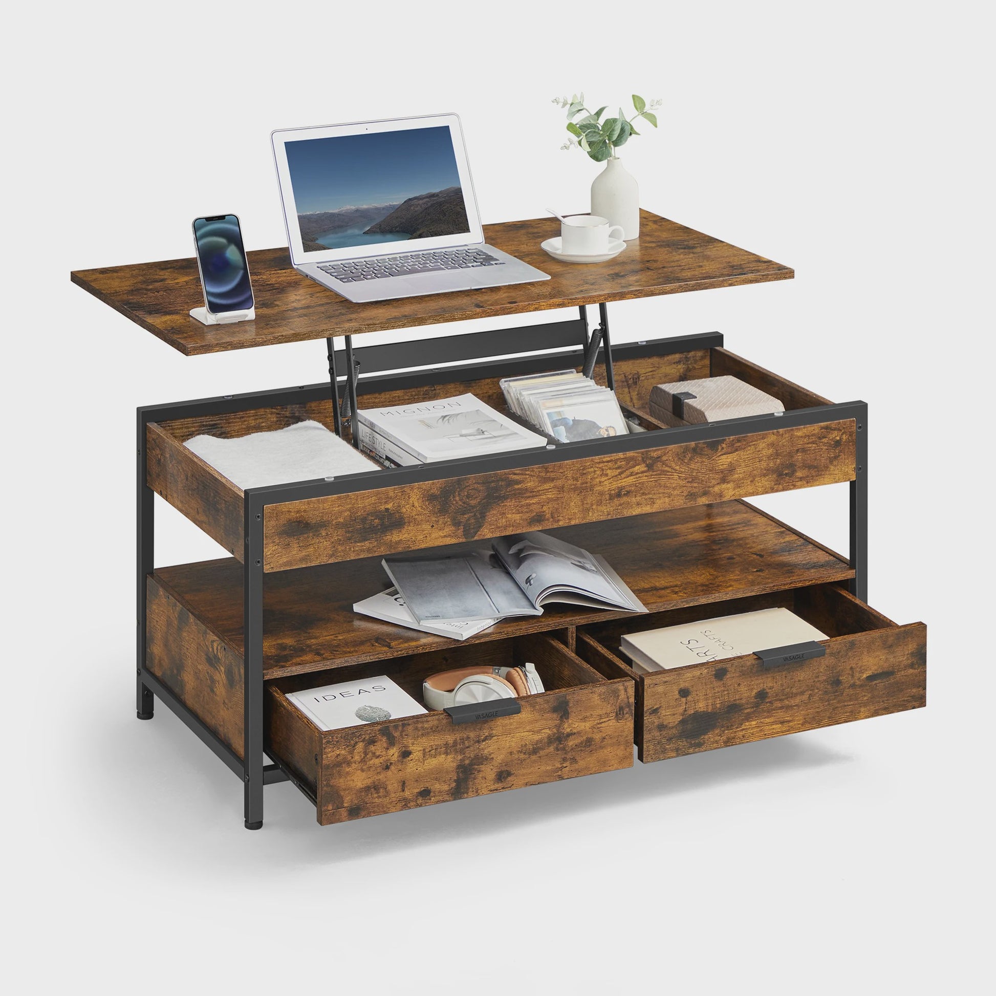 Verstelbare Salontafel met Lade en Open Vak - 100x50cm