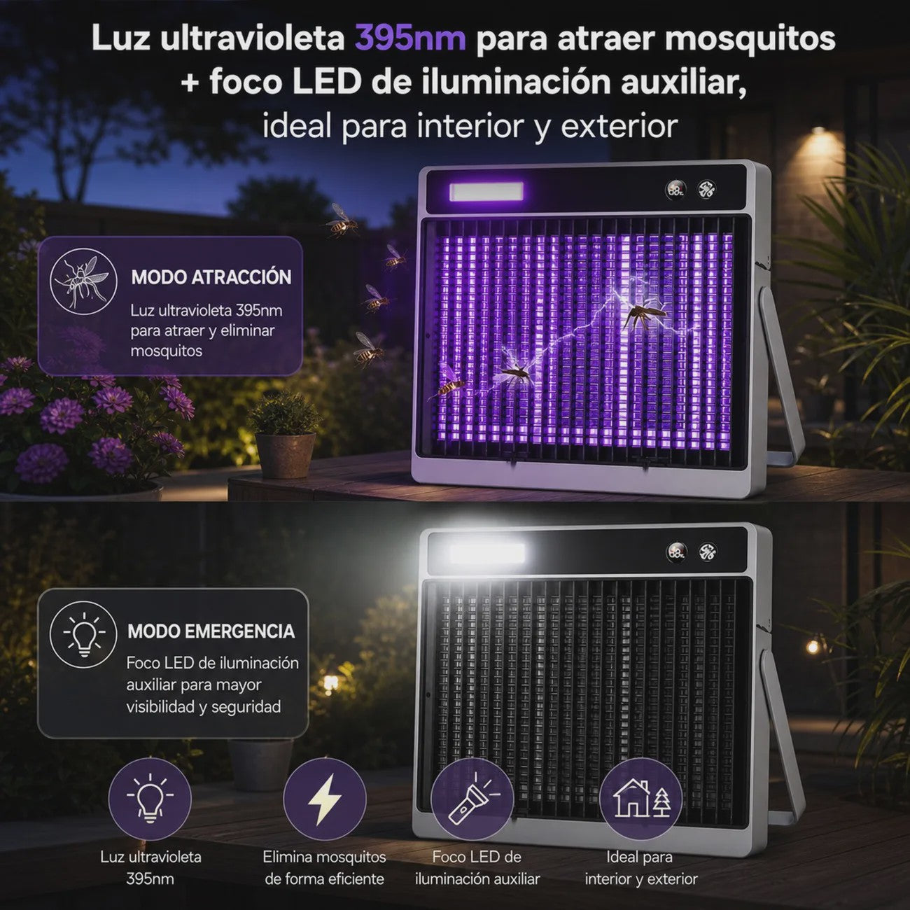 Elektrische Muskietenlamp 3000V UV LED, Oplaadbaar 2400mAh, Binnen/Buiten, Noodverlichting