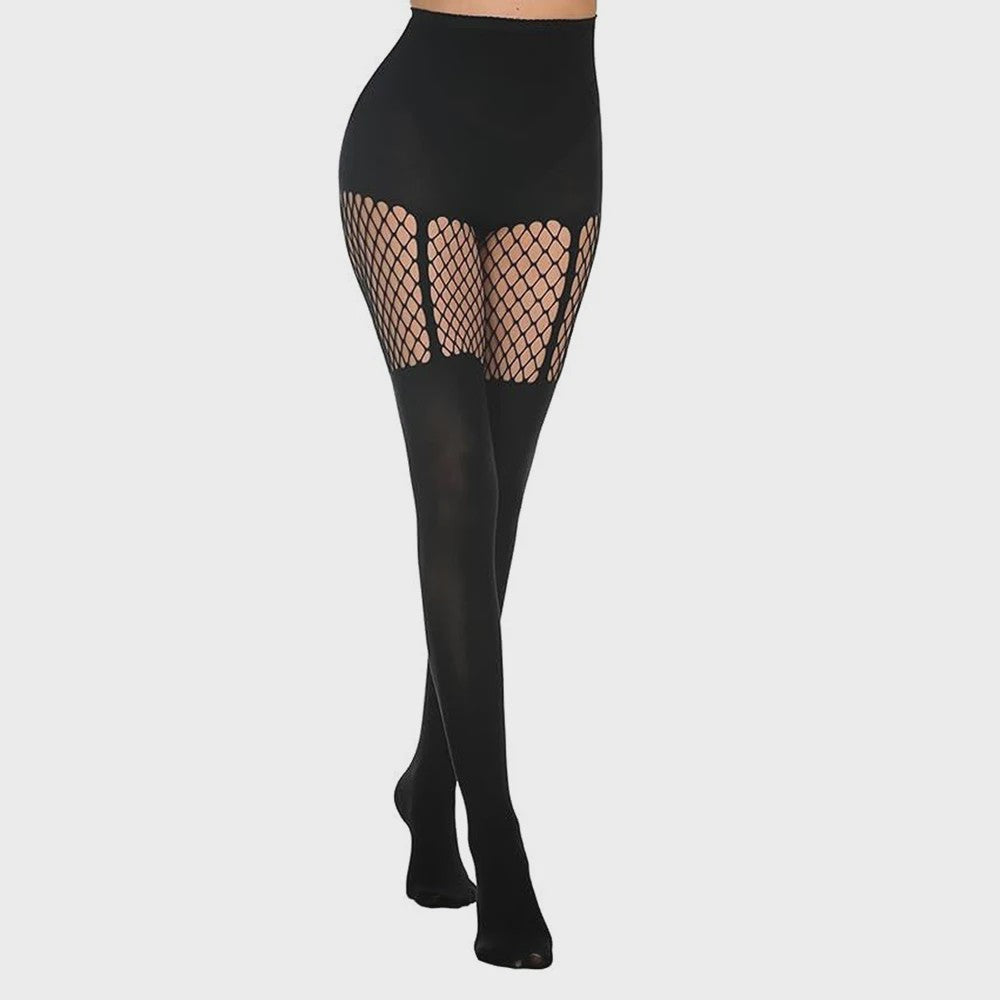 Zwarte Visnet Panty met Jarretellen en Holle Ontwerp - Sexy Nachtclub & Dans Tights