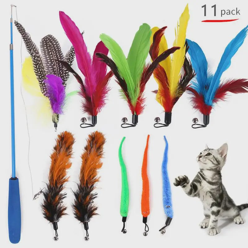 11-delige Katten Speelgoed Set met Veren en Intrekbare Hengel - Interactief Plezier voor Jouw Kat