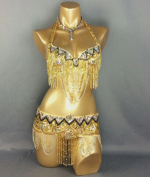 Dames Buikdans Set: Luxe Beaded Bh & Heupsjaal met Franjes