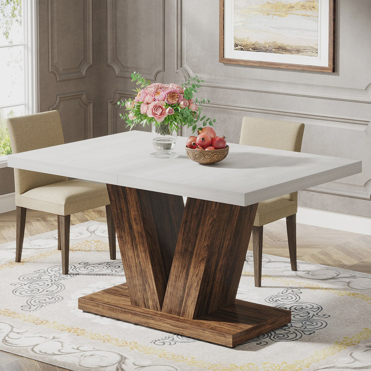 Moderne Eettafel Wit 120x80cm voor 4 Personen - Stijlvolle Keukentafel met Unieke Houten Poot