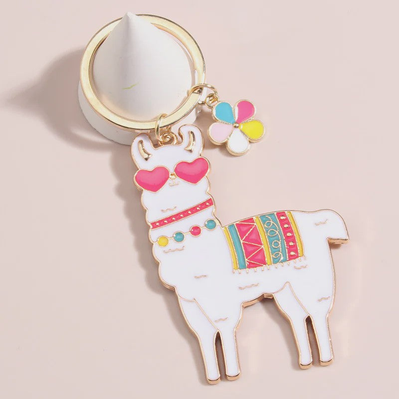 Schattige Alpaca Sleutelhanger met Hart & Bloem - Emaille Hanger voor Dames & Heren Handtas Accessoire