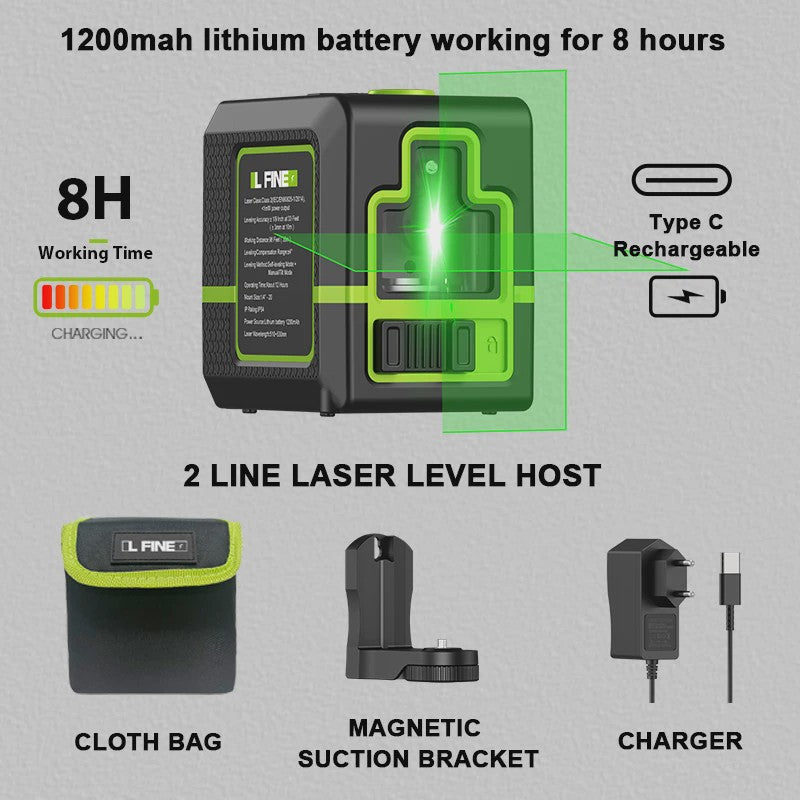 Lfine Groene Laserwaterpas met 2 Lijnen (Horizontaal/Verticaal) - Automatische Zelfnivellering