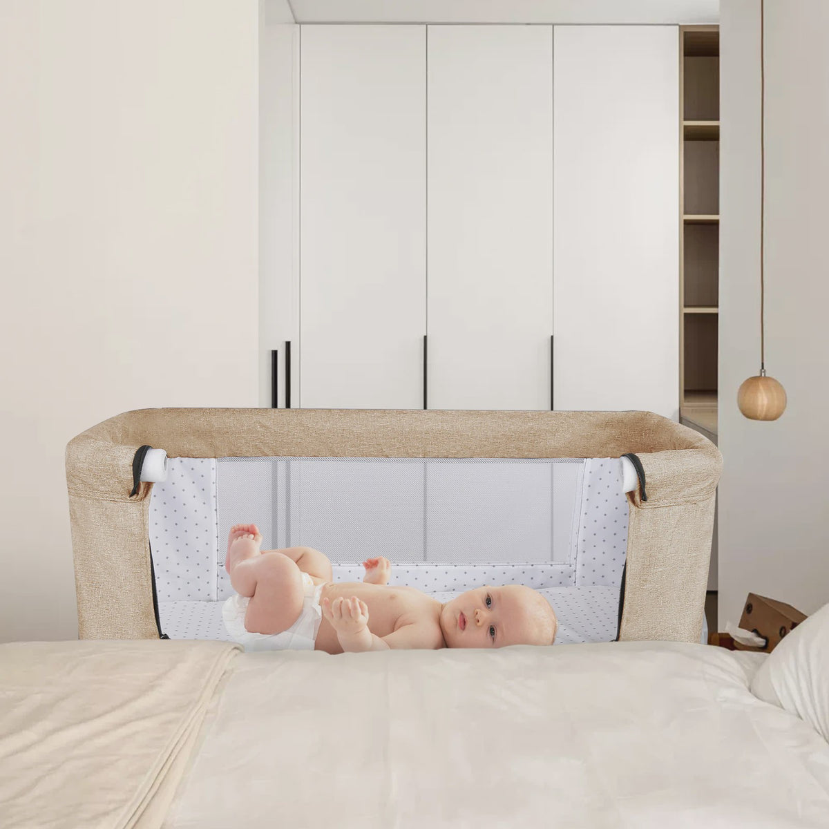 Baby Co-sleeper Wieg 2-in-1 met Wielen, 6 Hoogte-instellingen en Klamboe