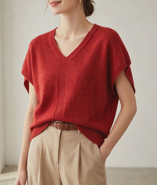 Oversized V-hals Trui Dames - Korte Mouw Gebreid Top