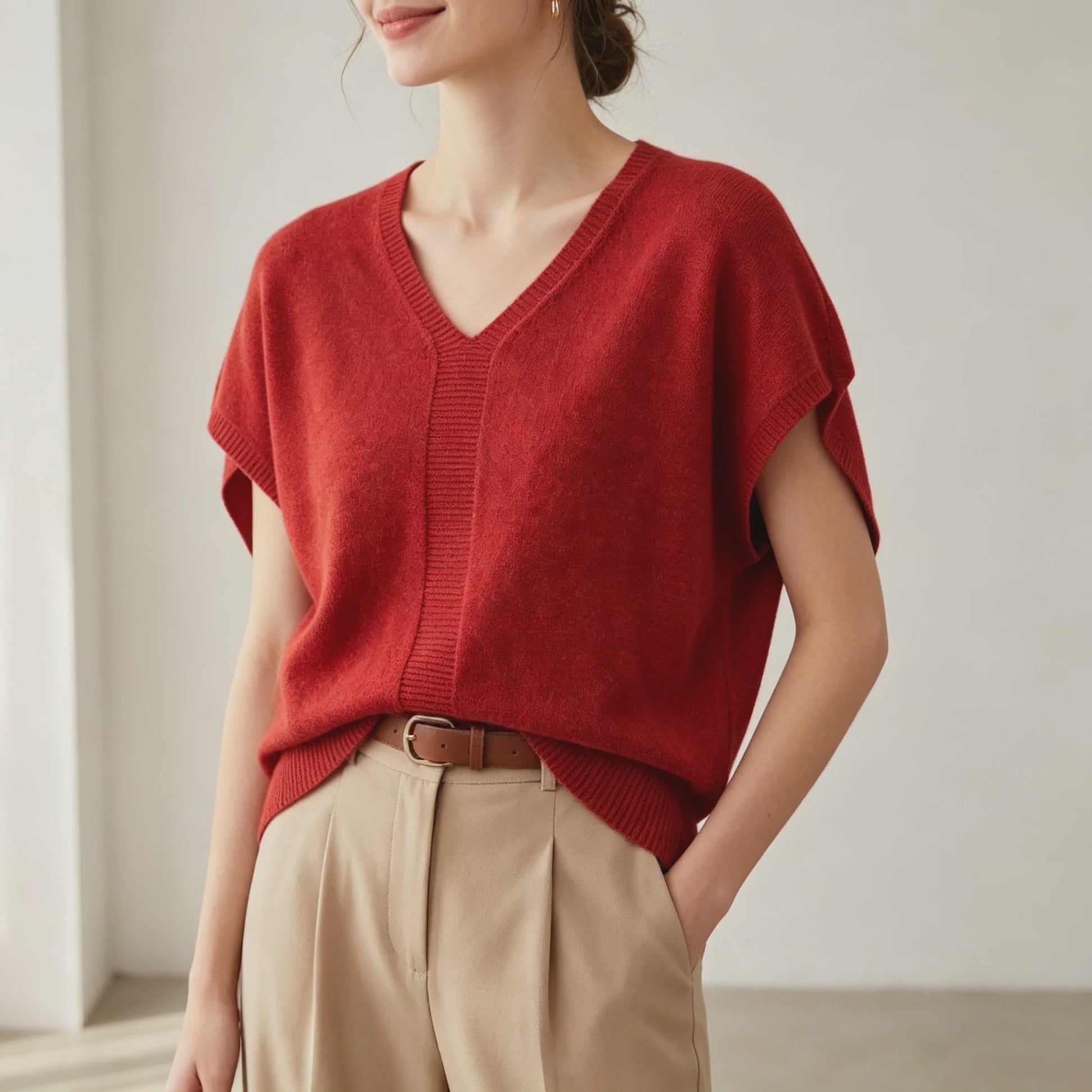 Oversized V-hals Trui Dames - Korte Mouw Gebreid Top