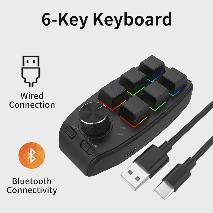 Compact 6-Key Macro Mini Toetsenbord met Draaiknop - USB & Bluetooth, Hot-swap, Programmeerbaar