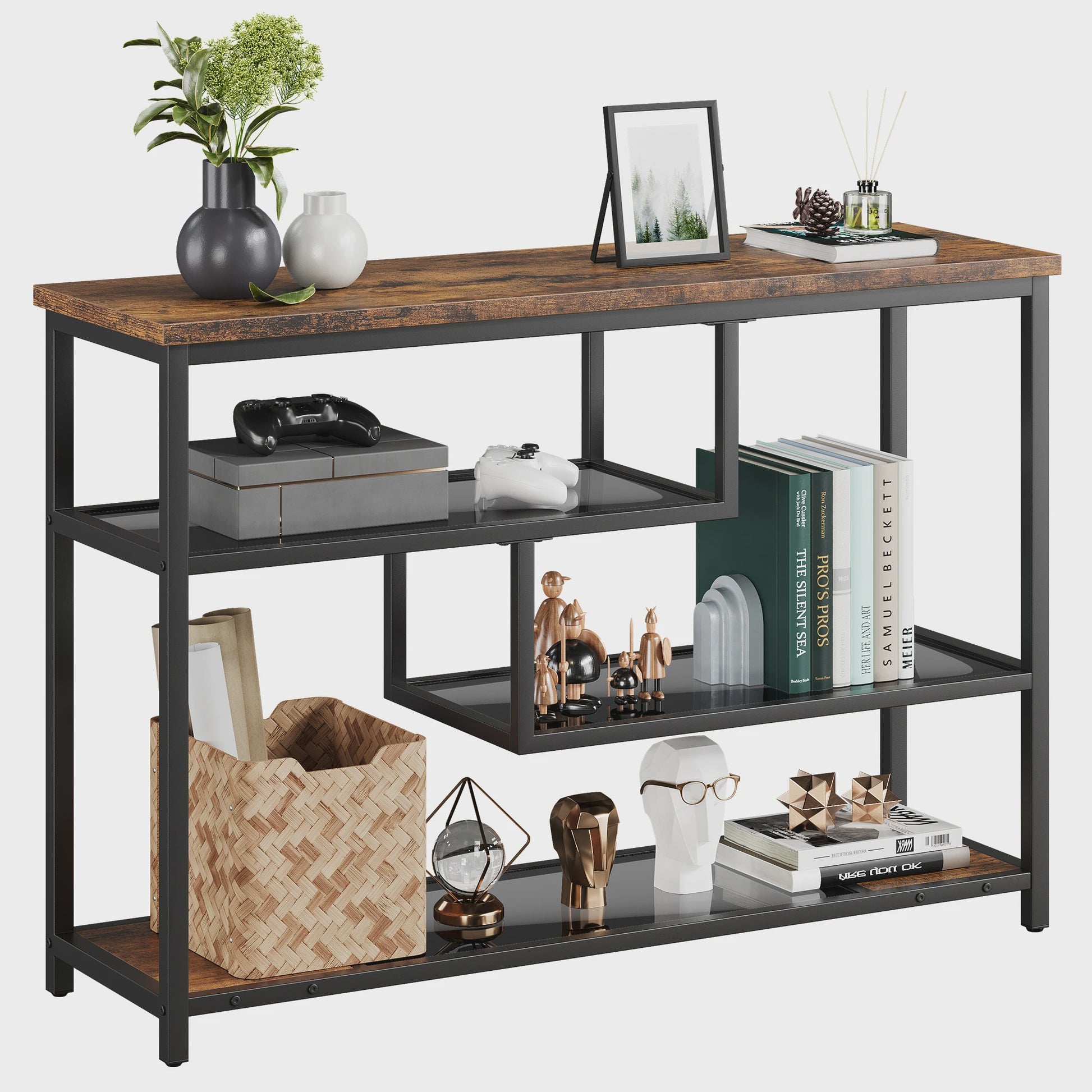 Smal Console Tafel met 4 Lagen, Glazen Plank en Metalen Frame - 100cm Breed