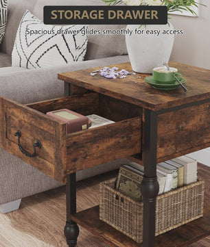 Industriële Nachtkastje met Lade en Open Plank - Vintage Bijzettafel Retro Bruin