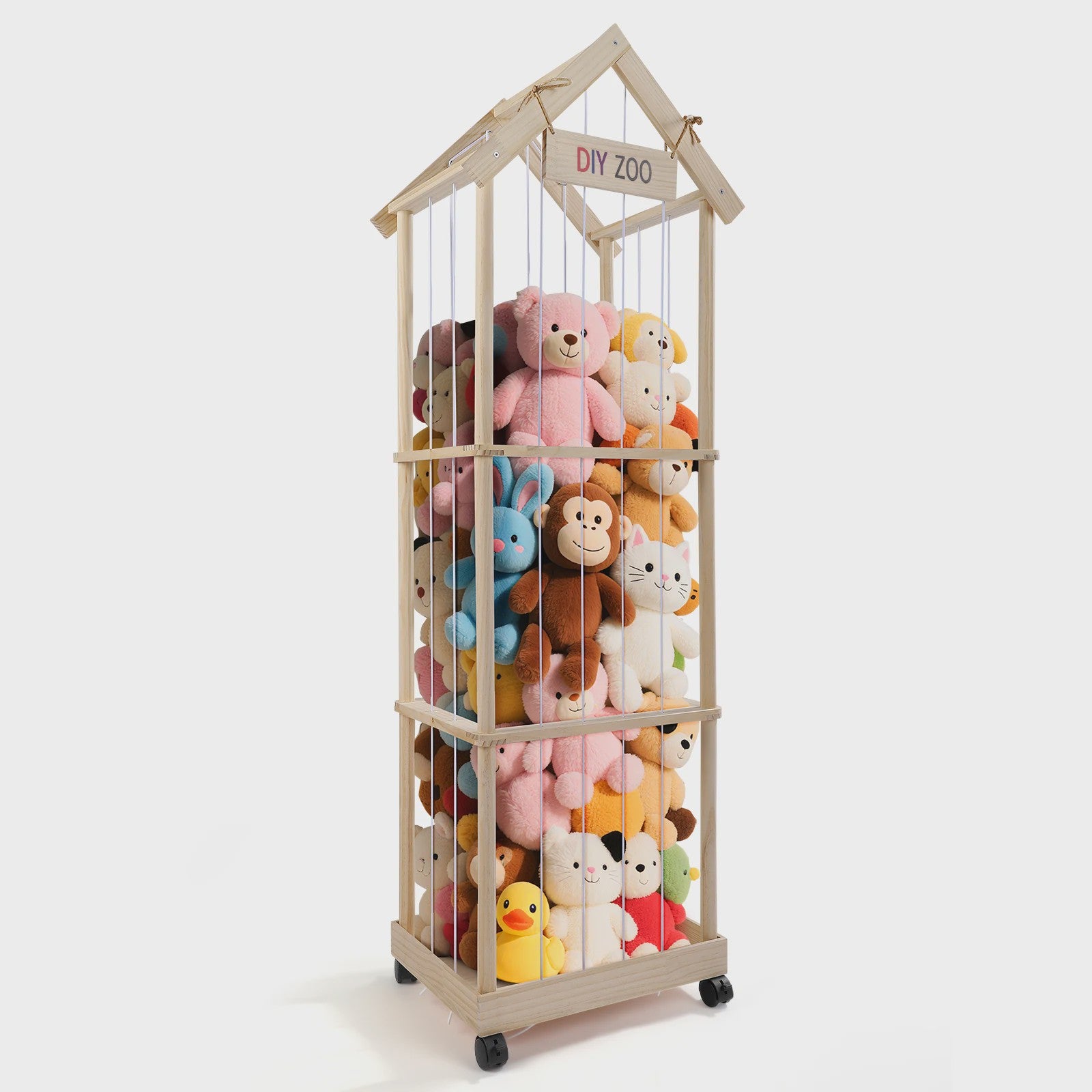 Wooden Cuddly Toy Storage, Stuffed Toy Storage with 360° Brake Equipped Wheels, 145 X 47 X 35 cm Plush Toy Storage for Playroom