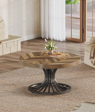 Ronde Salontafel 31" met Visgraatpatroon en Metalen Onderstel - Rustiek Bruin