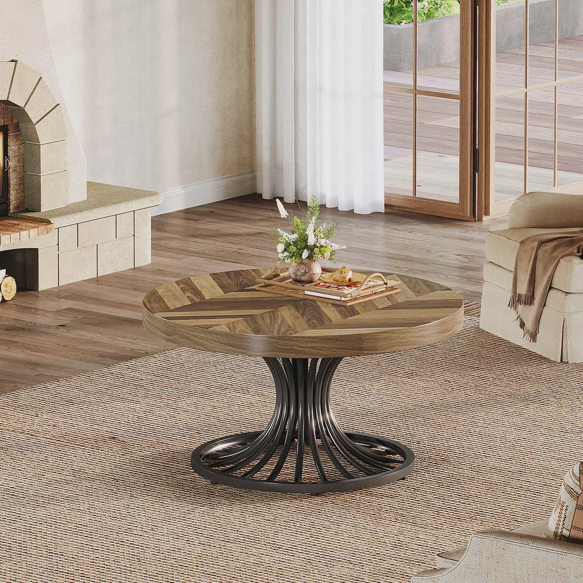 Ronde Salontafel 31" met Visgraatpatroon en Metalen Onderstel - Rustiek Bruin