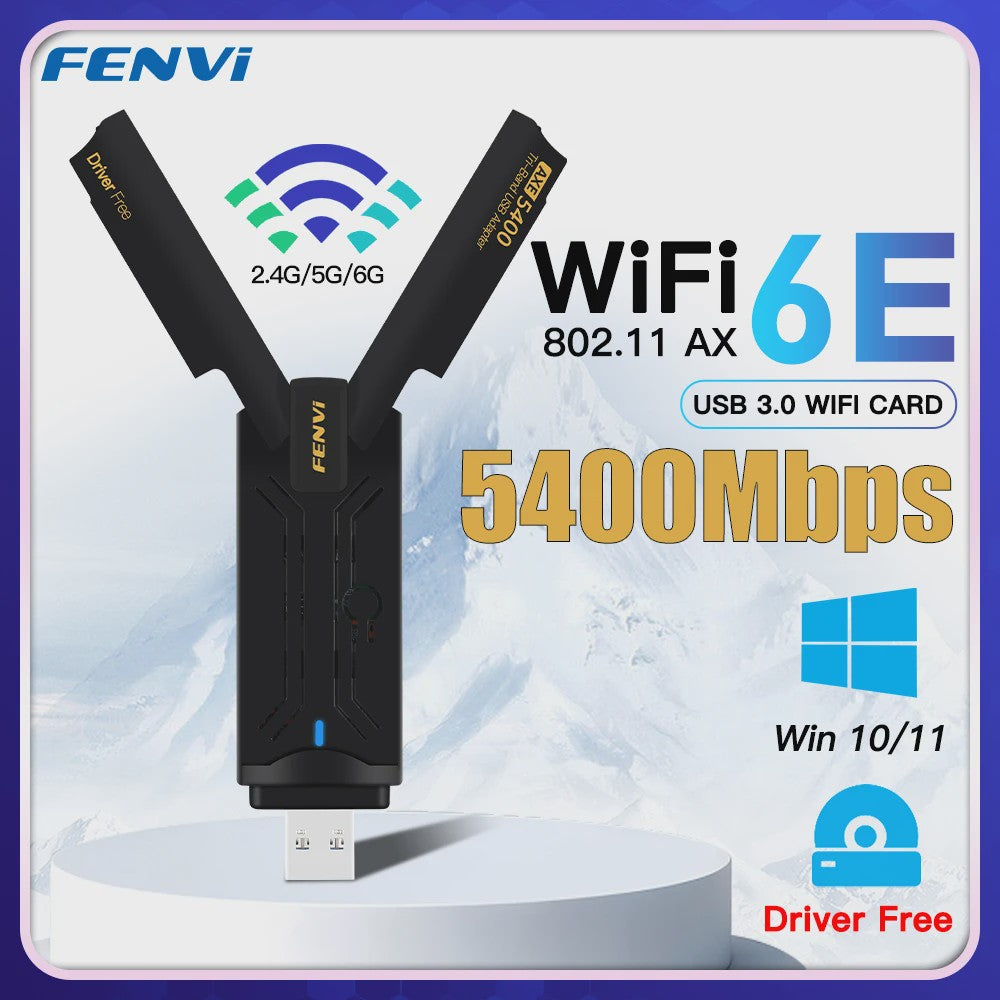 Fenvi AX5400 WiFi 6E USB Adapter 5400Mbps Tri-Band (2.4/5/6GHz) met USB 3.0 & Driver-Free Installatie
