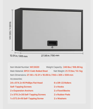 Metalen Wandkast 77cm - Zwevend Ophangsysteem voor Garage, Werkplaats & Keuken - Met Opklapdeur & Plank