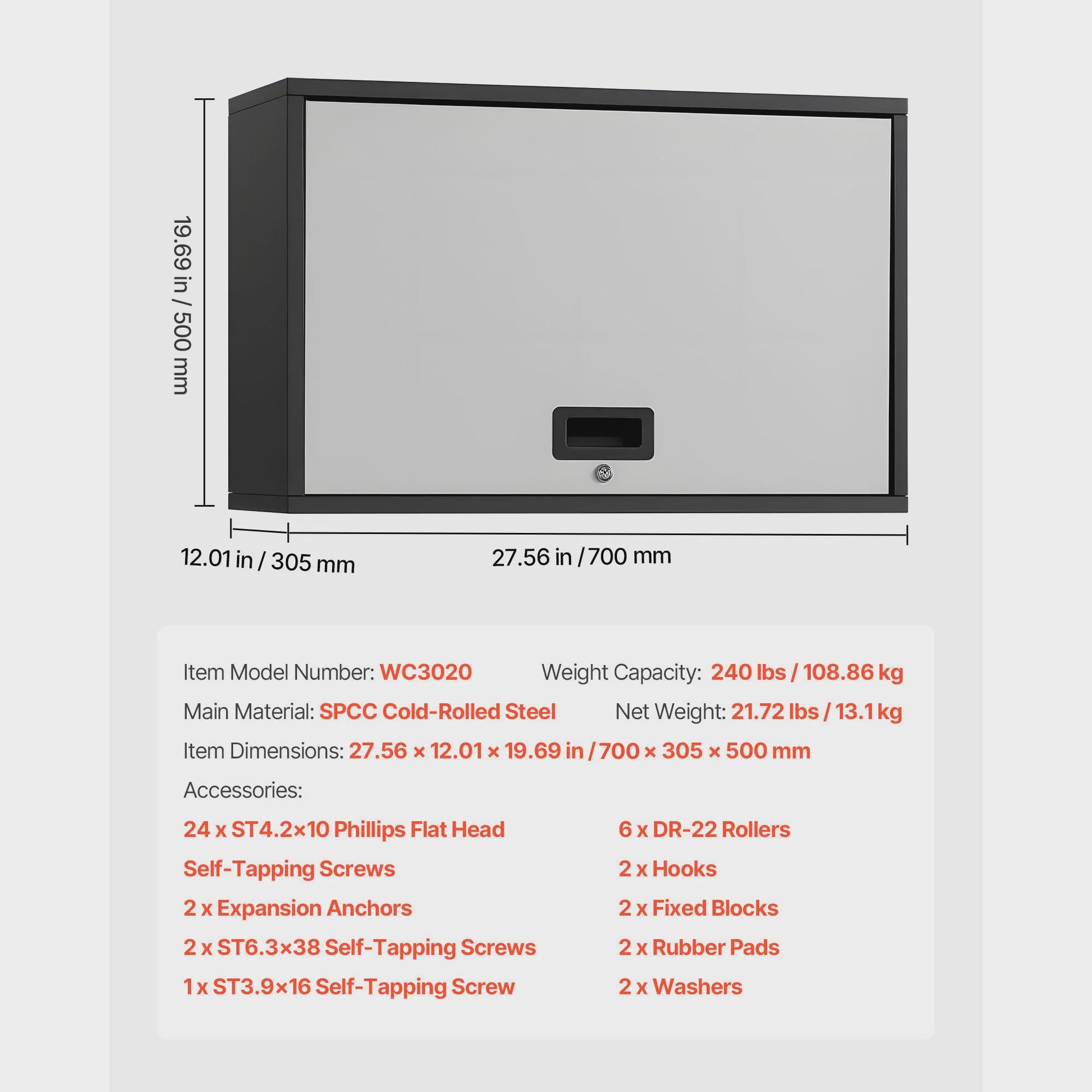 Metalen Wandkast 77cm - Zwevend Ophangsysteem voor Garage, Werkplaats & Keuken - Met Opklapdeur & Plank