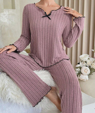 Dames Pyjama Set Ribbel Gebreid met Strikje en Volantrand - Comfortabele Loungewear