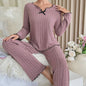 Dames Pyjama Set Ribbel Gebreid met Strikje en Volantrand - Comfortabele Loungewear