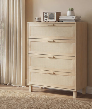 Ladekast 4 Lades met Rotan Fronten - Licht Hout MDF - 80x40x103 cm