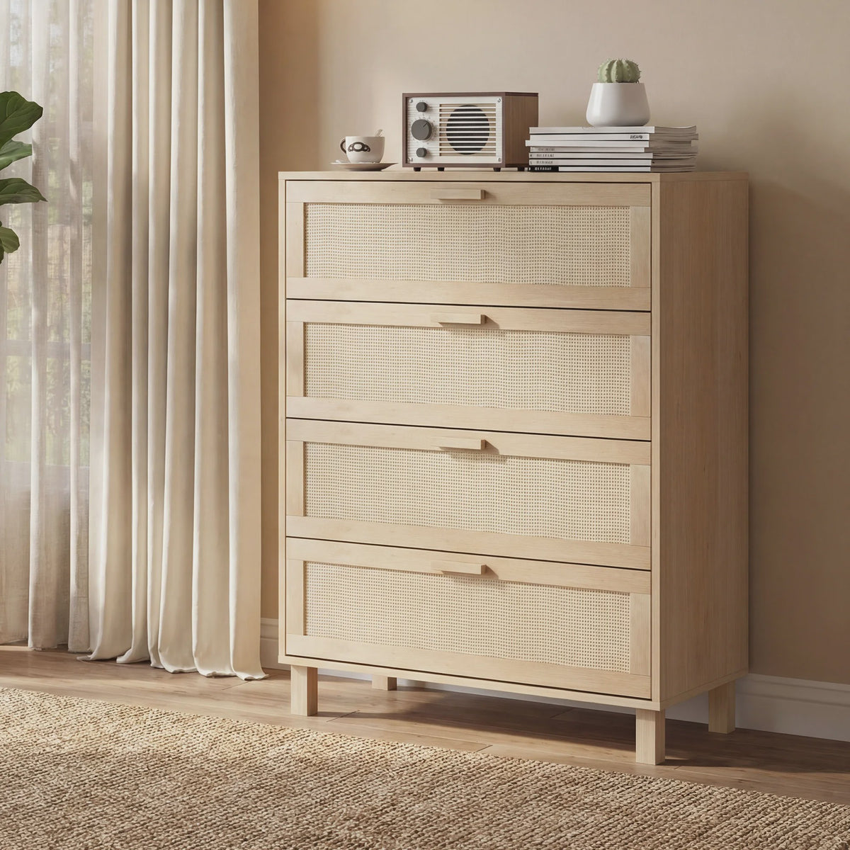 Ladekast 4 Lades met Rotan Fronten - Licht Hout MDF - 80x40x103 cm