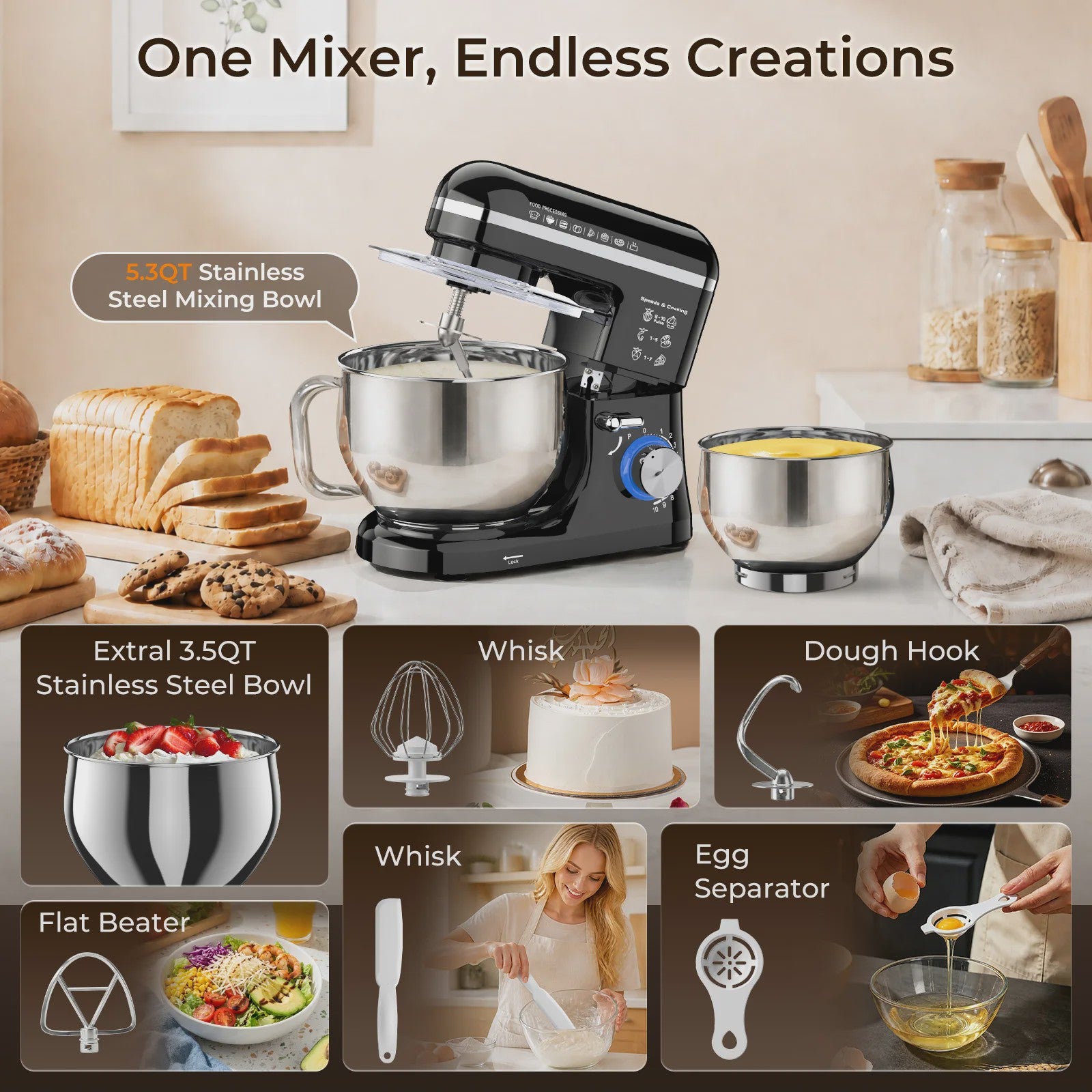 Patbrela Keukenmachine 5L - Krachtige Planetaire Mixer met 10 Snelheden voor Deeg, Cake en Koekjes