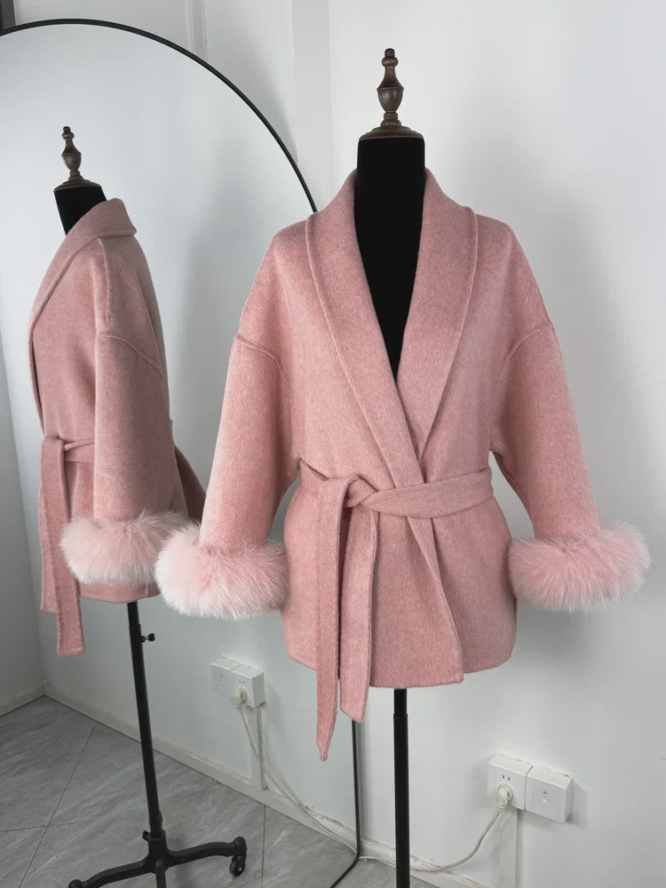 Luxe Dames Woljas met Bontkraag en Riem - Kort & Elegant