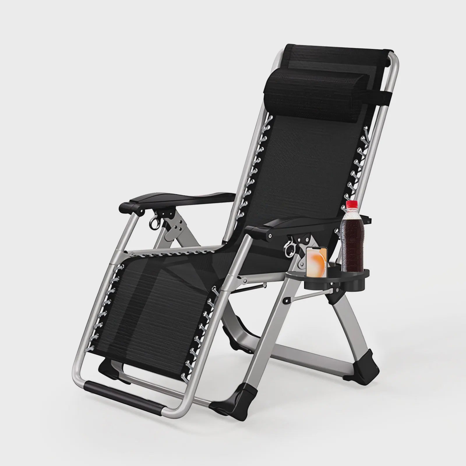 Opvouwbare Loungestoel met Hoofdsteun en Bekerhouder - Verstelbaar tot 170° - Max 150kg