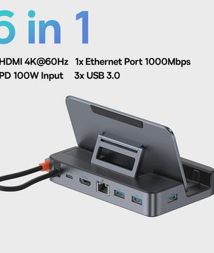 Baseus 6-in-1 USB-C Docking Station voor Steam Deck & Nintendo Switch - 4K@60Hz HDMI, Gigabit Ethernet, USB 3.0