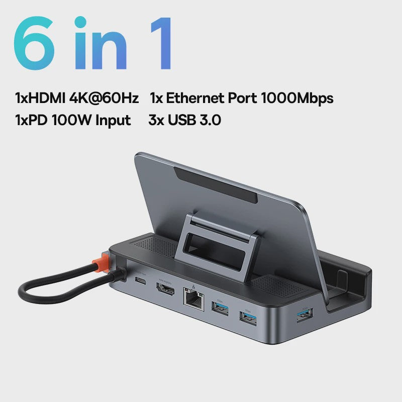 Baseus 6-in-1 USB-C Docking Station voor Steam Deck & Nintendo Switch - 4K@60Hz HDMI, Gigabit Ethernet, USB 3.0