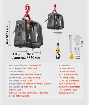 Elektrische Takel 1100 LBS - Handmatig & Draadloos - 7.6m Hefhoogte
