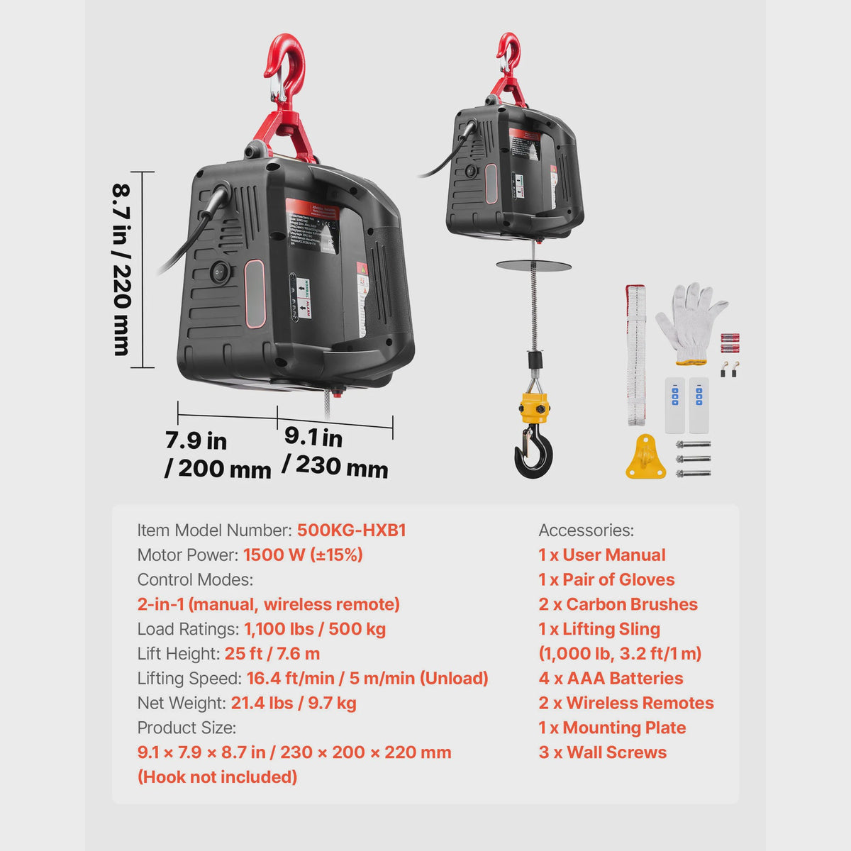 Elektrische Takel 1100 LBS - Handmatig & Draadloos - 7.6m Hefhoogte