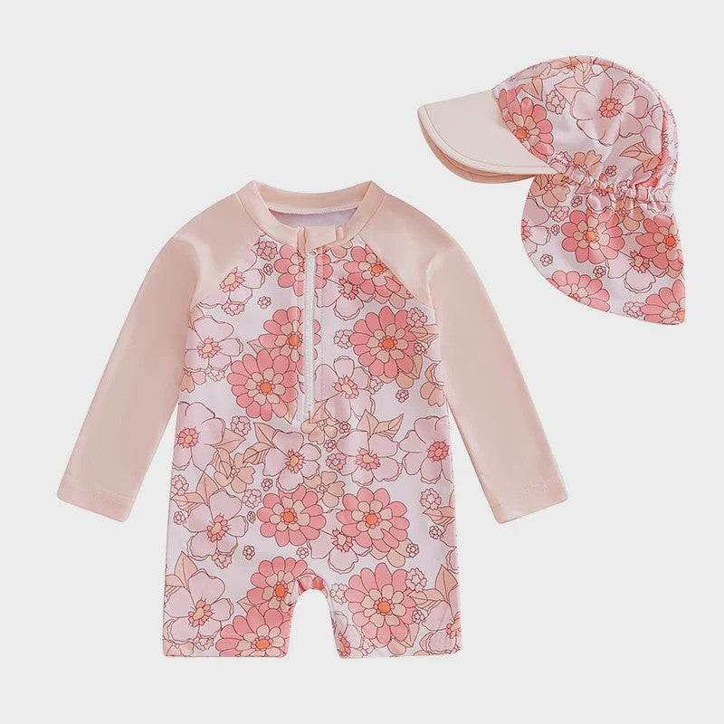 Meisjes Zwempak Lange Mouwen met Zonnehoed - Bloemenprint