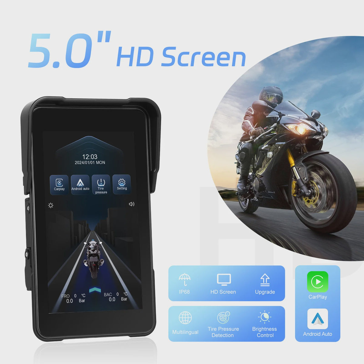 5" Smart Motorfiets Display met CarPlay, Android Auto & IP68 Waterdicht
