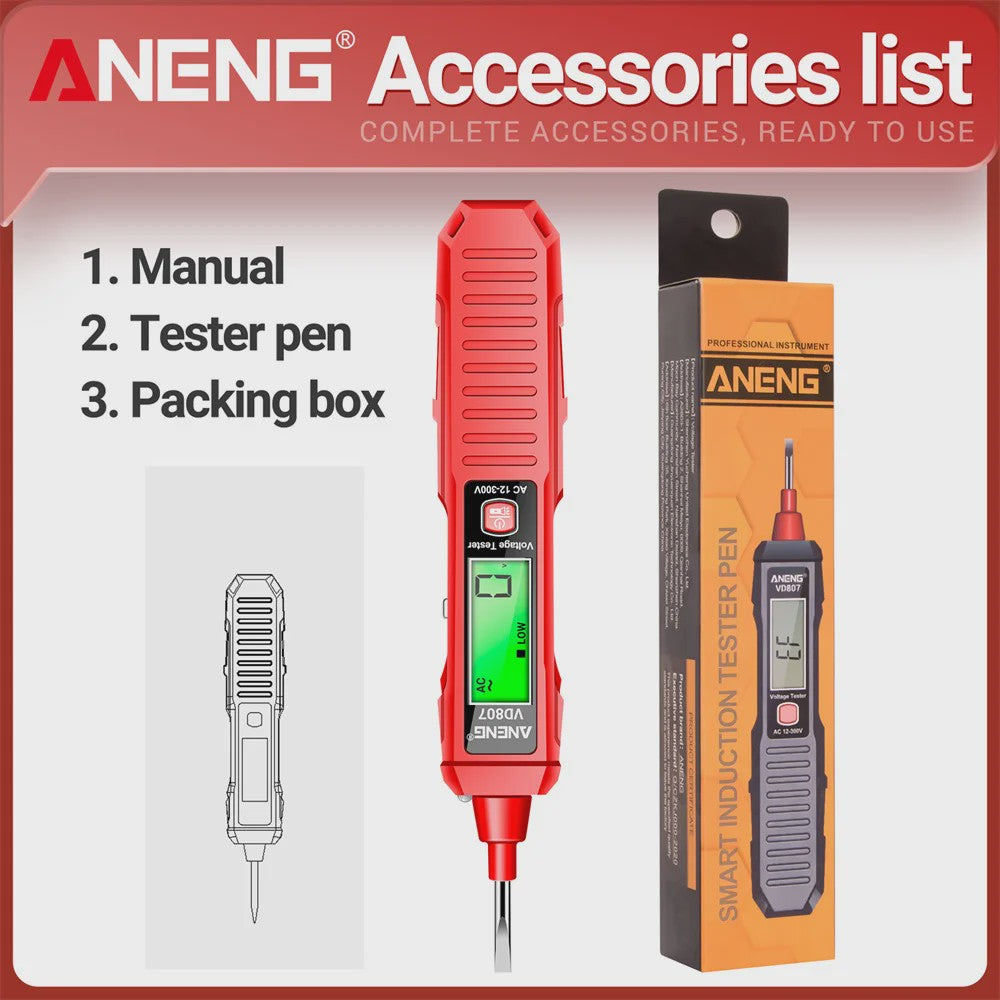 ANENG VD807 Spanningsmeter Pen: 12-300V AC, Contact/Non-Contact Nul/Fase Detector met LED Zaklamp