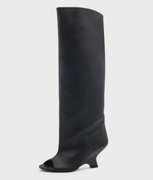 Dames Laarzen met Peep-toe, Hoge Schuine Hak en Kniehoge Schacht - Zomer/Lente Collectie