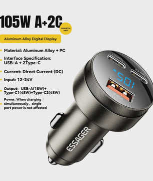 Essager 105W Auto Oplader: Snelladen met USB-C, QC4.0, PD & PPS voor iPhone, Samsung, Xiaomi