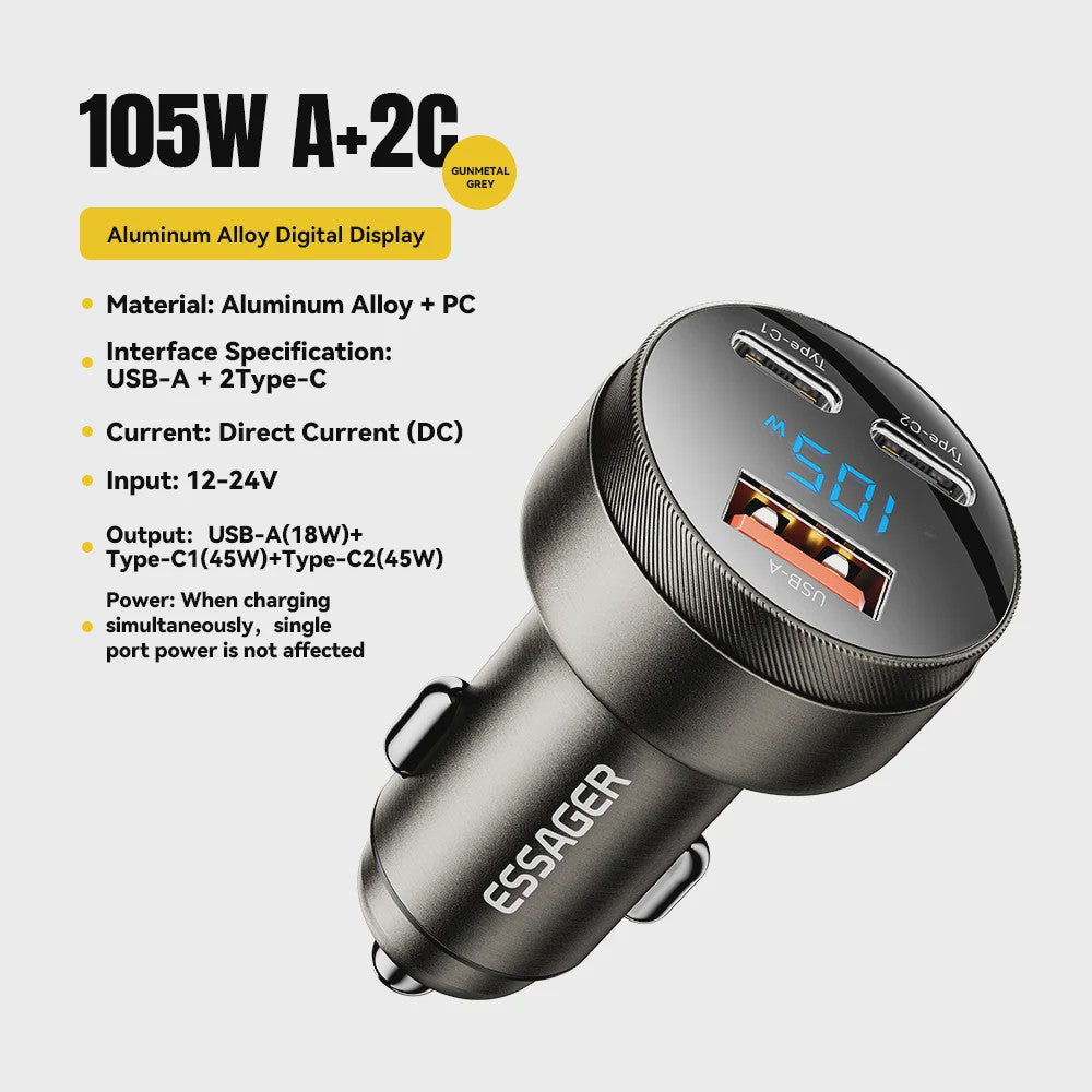 Essager 105W Auto Oplader: Snelladen met USB-C, QC4.0, PD & PPS voor iPhone, Samsung, Xiaomi
