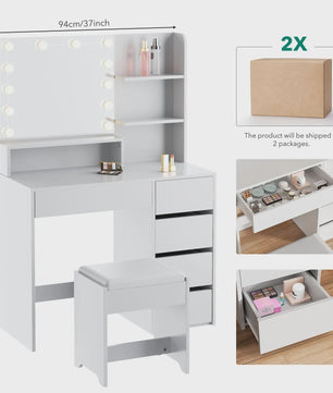 Kaptafel met Verlichting, Spiegel, Kruk en Veel Opbergruimte - Wit
