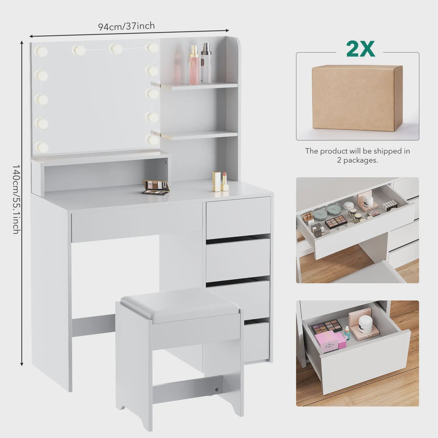 Kaptafel met Verlichting, Spiegel, Kruk en Veel Opbergruimte - Wit
