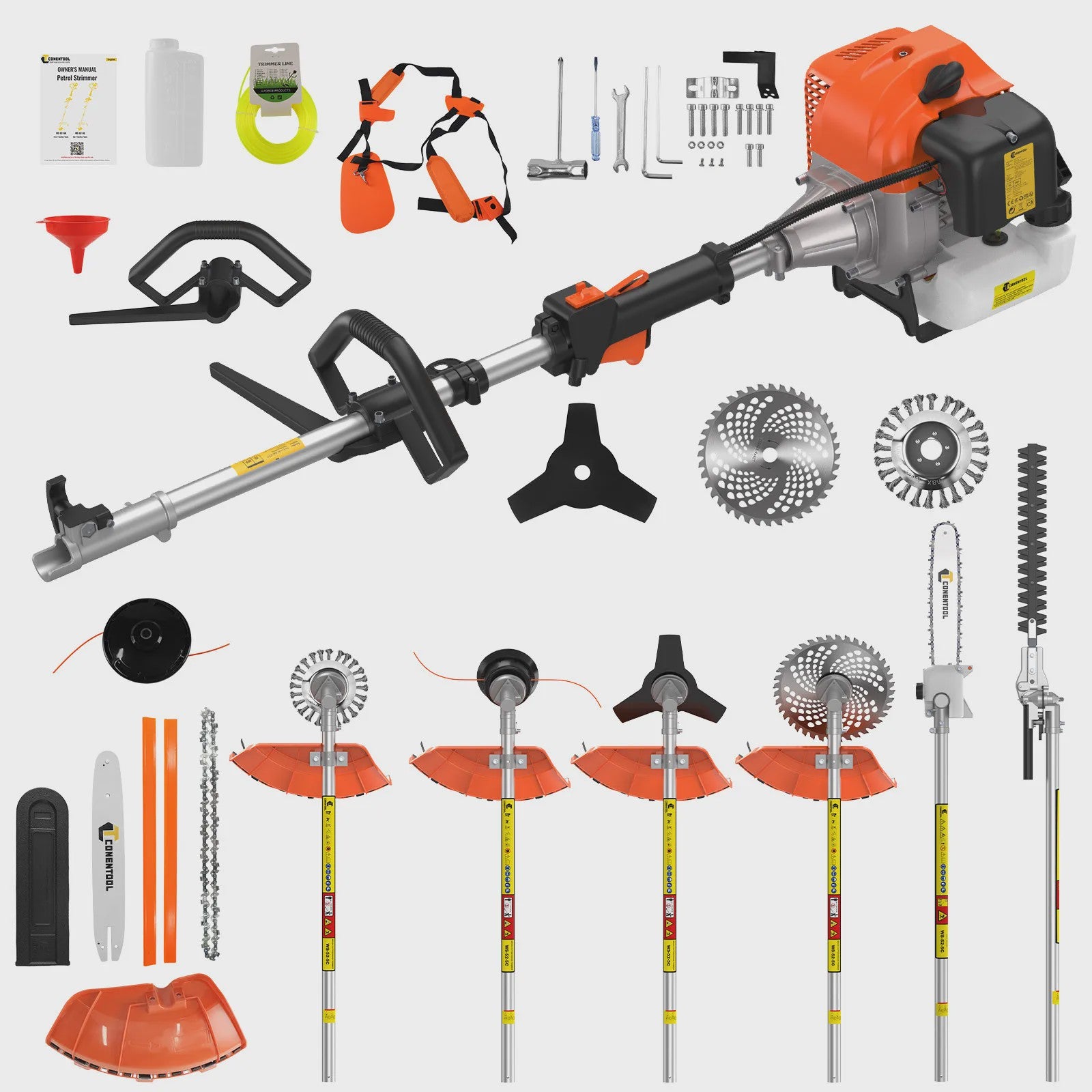 CONENTOOL 52CC 6-in-1 Benzine Tuinmachine: Grastrimmer, Heggenschaar, Kettingzaag & Meer