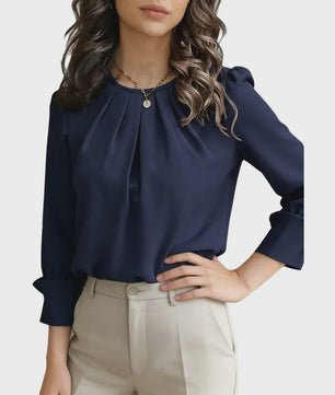 Dames Blouse met Ronde Hals en Plooien - Elegante Lange Mouwen Top voor Casual en Kantoor