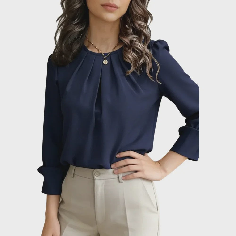 Dames Blouse met Ronde Hals en Plooien - Elegante Lange Mouwen Top voor Casual en Kantoor