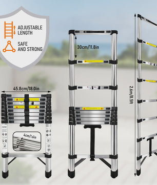 2.6M-6.3M Telescopische Ladder van Roestvrij Staal met Afneembare Haken & Stabilisator Bar - EN131 Gecertificeerd, 150kg Max