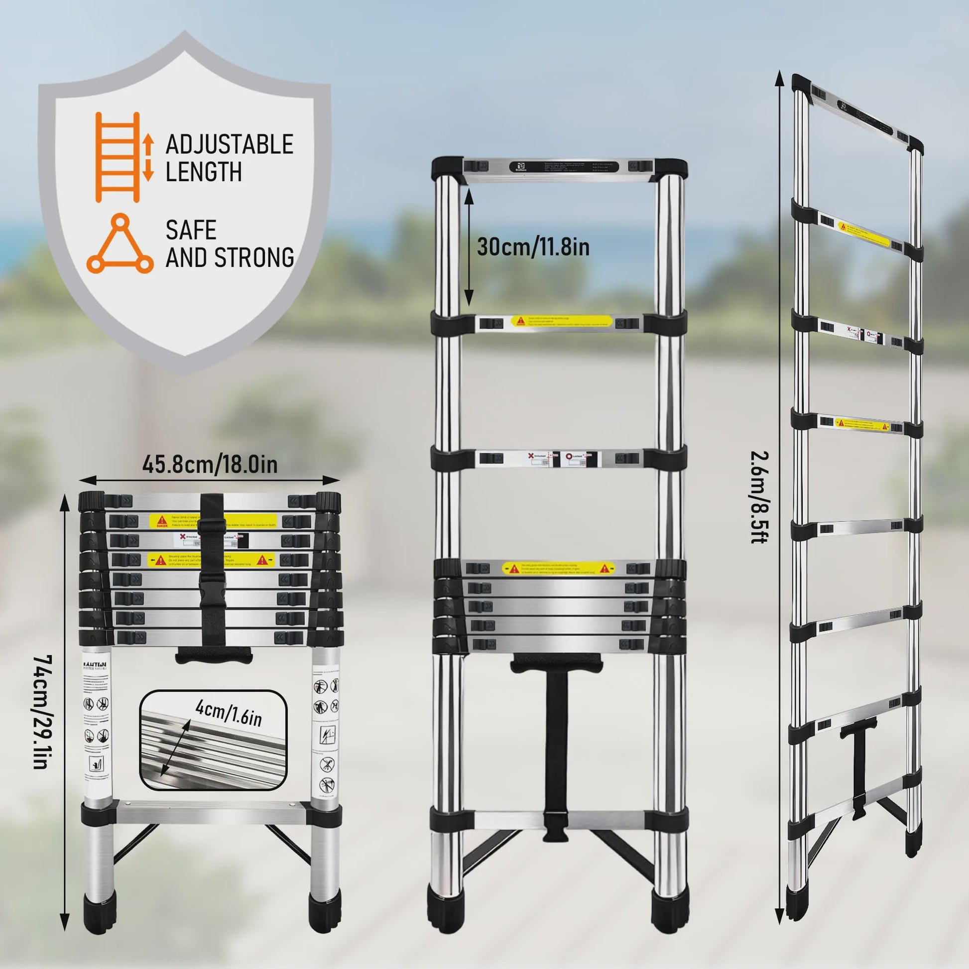 2.6M-6.3M Telescopische Ladder van Roestvrij Staal met Afneembare Haken & Stabilisator Bar - EN131 Gecertificeerd, 150kg Max