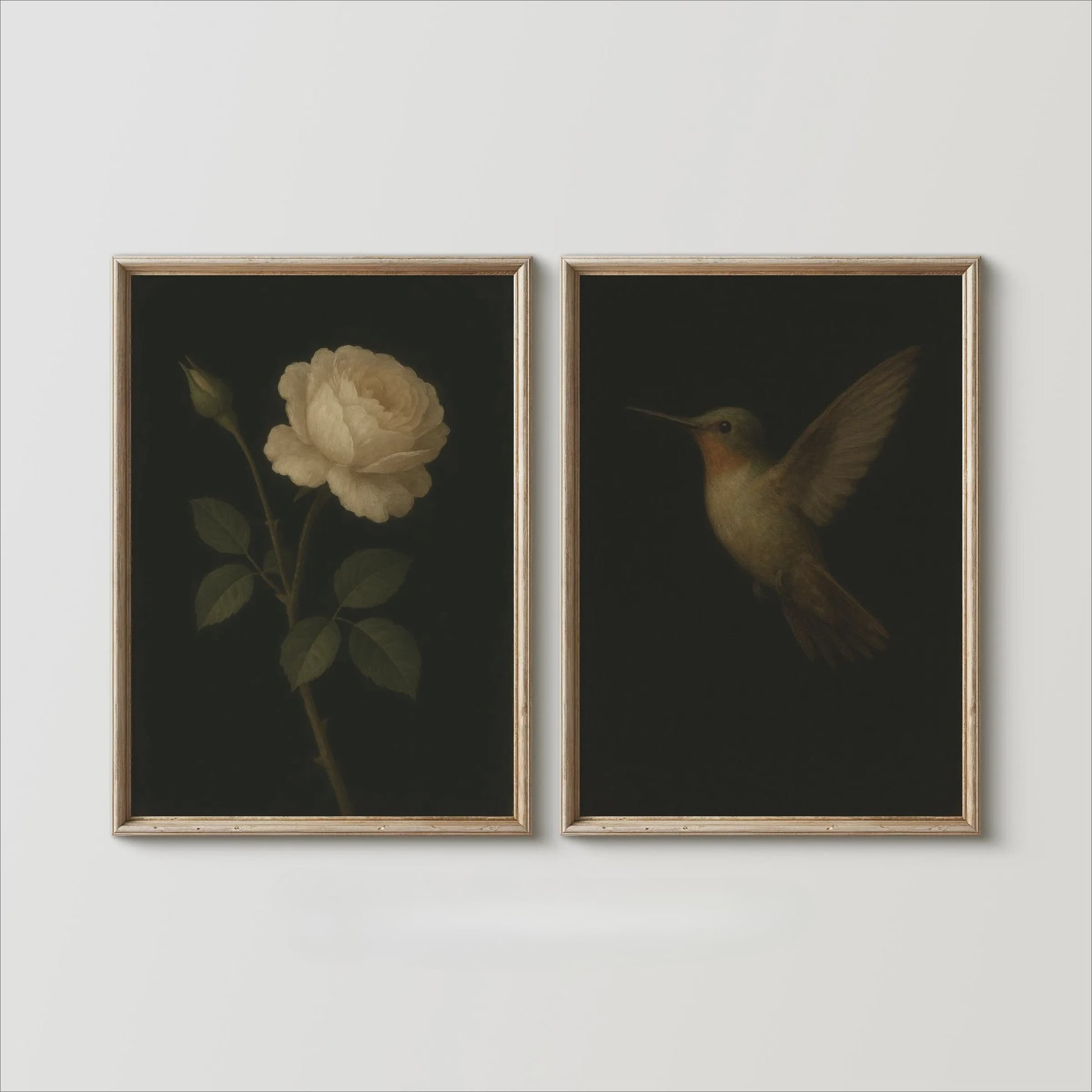 Set van 2 Frameloze Retro Kolibrie Canvas Posters - Landelijke Stijl Wanddecoratie