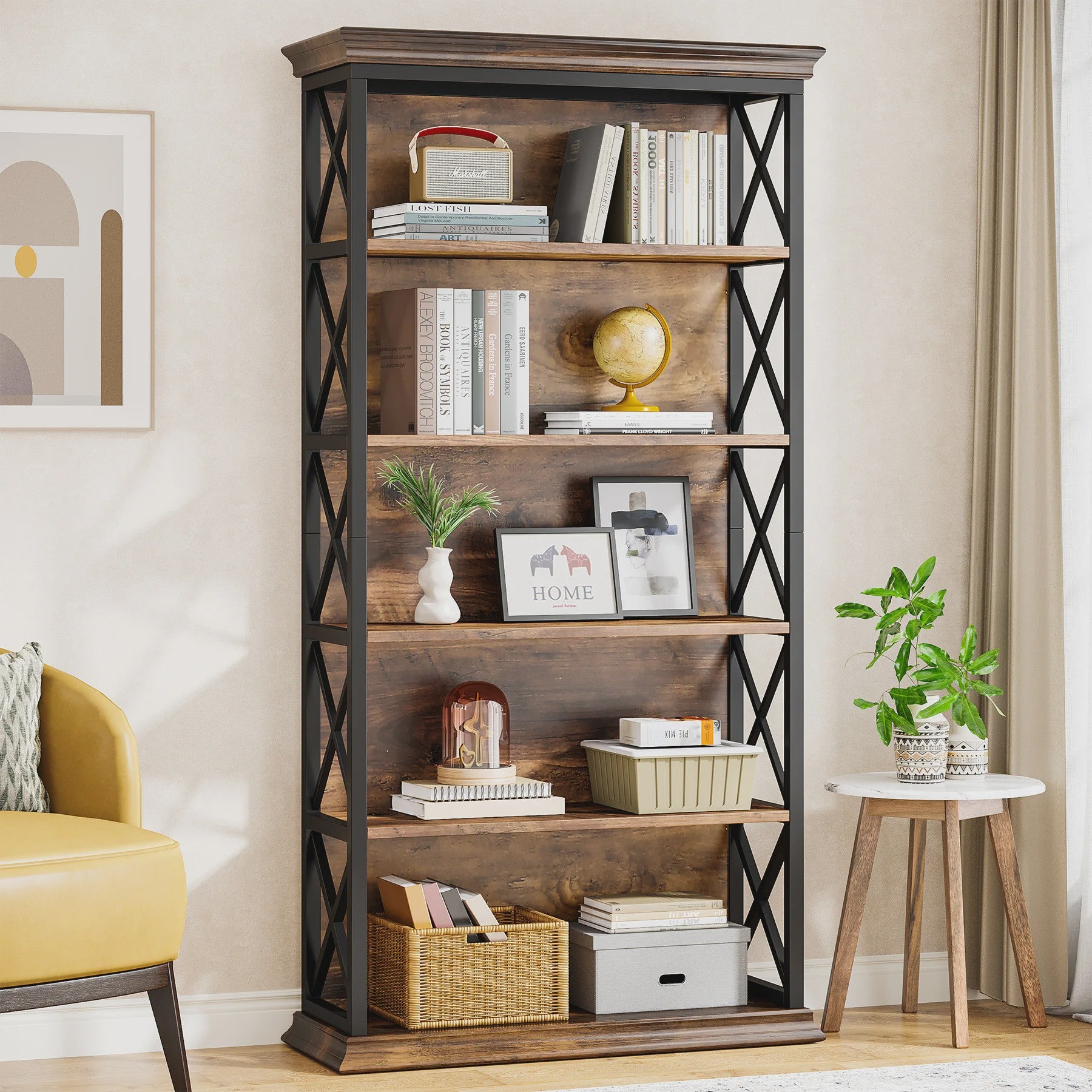Industriële 6-Tier Boekenkast - 180 cm Hoge Open Opbergkast met 5 Planken