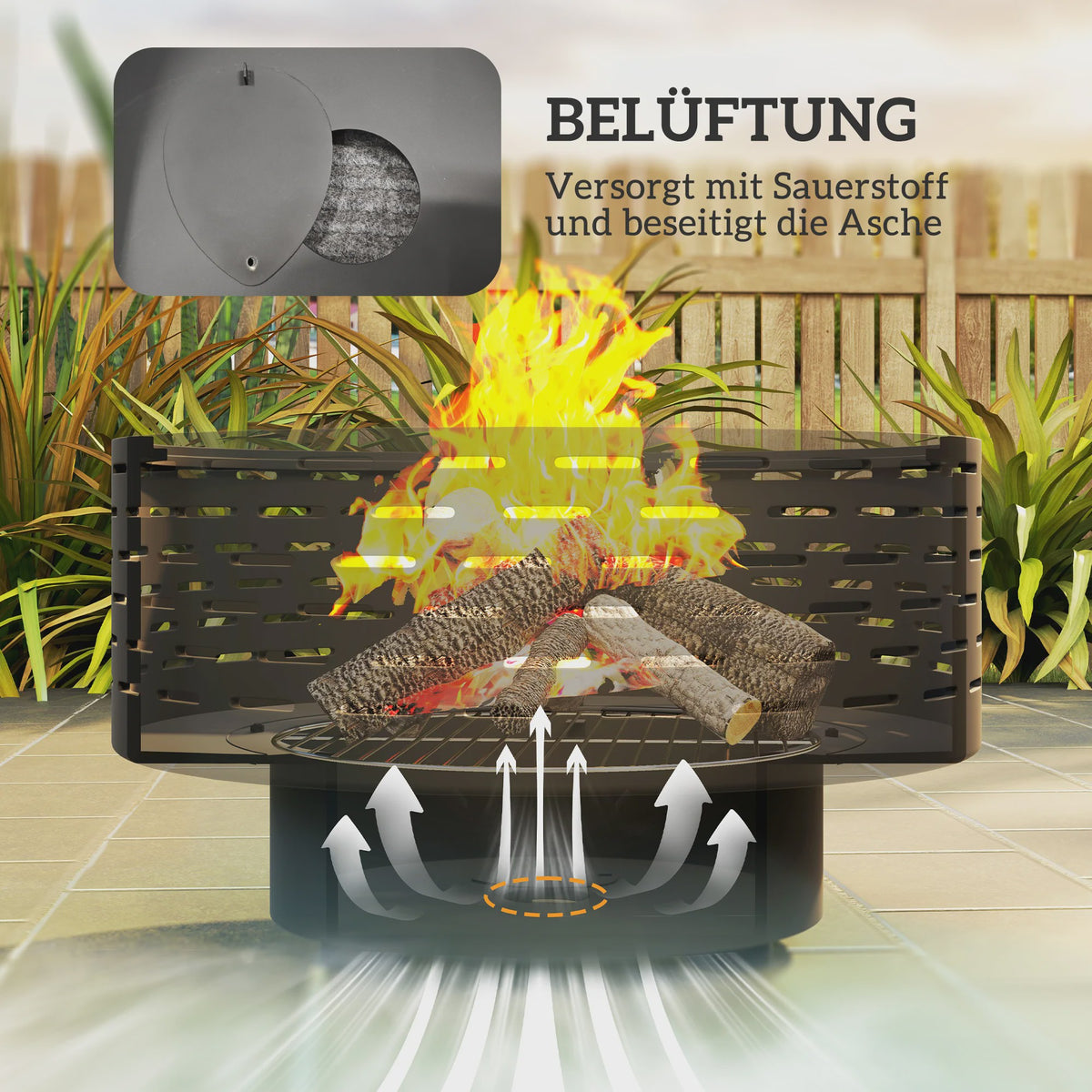 Outsunny 3-in-1 Vuurschaal met Grillrooster - Ø60cm - Vuurkorf, BBQ & Tuin Tafel